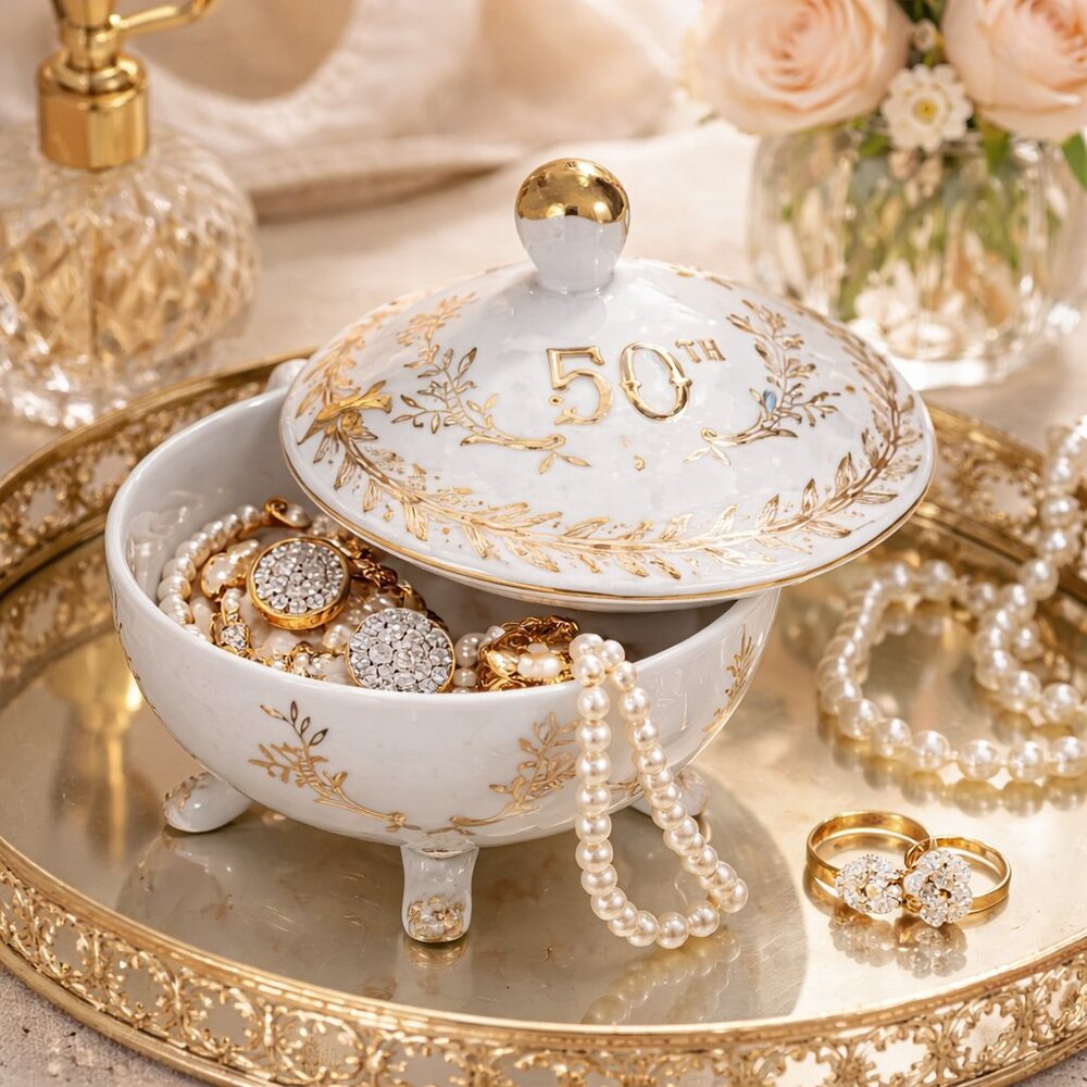 LEFTON CHINA Vintage Hand Painted Golden 50th Aniversary Porcelain Bowl & Lid